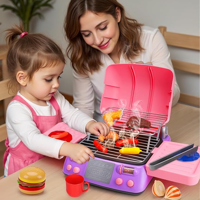 Kids BBQ Grill Playset with Coooking Apron Hat Toddler Girl Pink Kitchen Toy Ages 3-5 4-8 Pretend Smoke Sound Light Outdoor Barbecue Accessories Toy for 3 4 5 Year Old Girl Birthday Gift