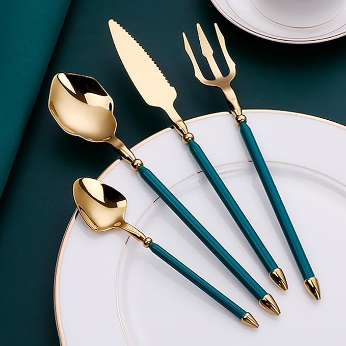 24pcs gold flaware set for 6,stainless steel silverware set,Tableware Sets for 6 Including Forks Spoons Knives, Gold knife and fork long white handle Camping Silverware Travel Utensils Set Cutlery