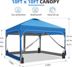 GDY 10x10 FT Pop Up Canopy Tent with One Push Setup,Setup Gazebo with 4 PVC Transparent Sidewalls,Easy Carry for Events, Parties, Camping, Blue.