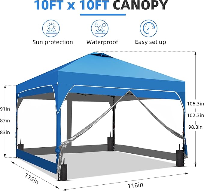 GDY 10x10 FT Pop Up Canopy Tent with One Push Setup,Setup Gazebo with 4 PVC Transparent Sidewalls,Easy Carry for Events, Parties, Camping, Blue.