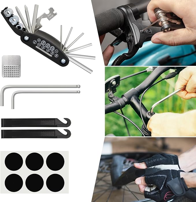 Bike Repair Kit, Bicycle Repair Bag With Tire Pump, Bike Tool Kit for Camping Travel, 16-in-1 Bike Multitool, Bicycle Tire Repair Kit, 4mm and 5mm Allen Wrenches, Used for Mountain Bike and Road Bike
