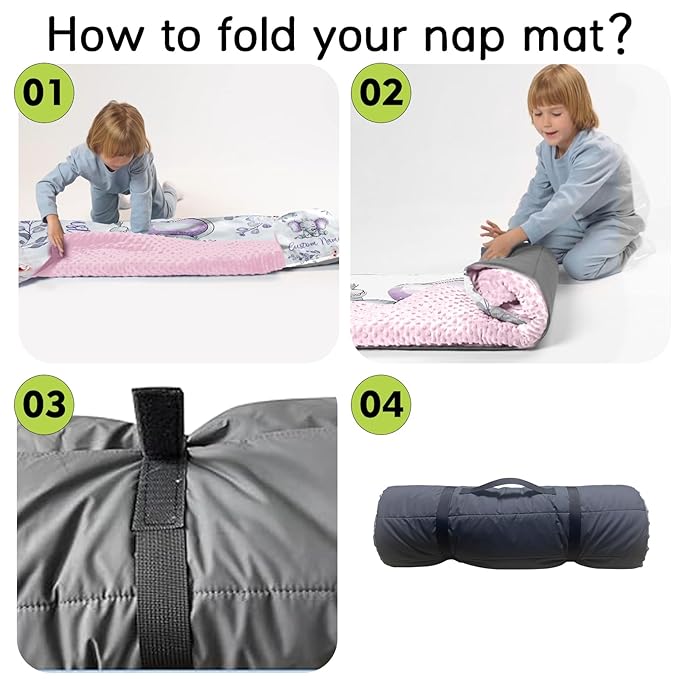 Custom Toddler Nap Mat for Preschool, Personalized Name Purple Flower Elephant Kids Sleeping Bag for Daycare, Roll Up Sleeping Mat with Removable Pillow and Soft Dot Minky Blanke for Girls Camping