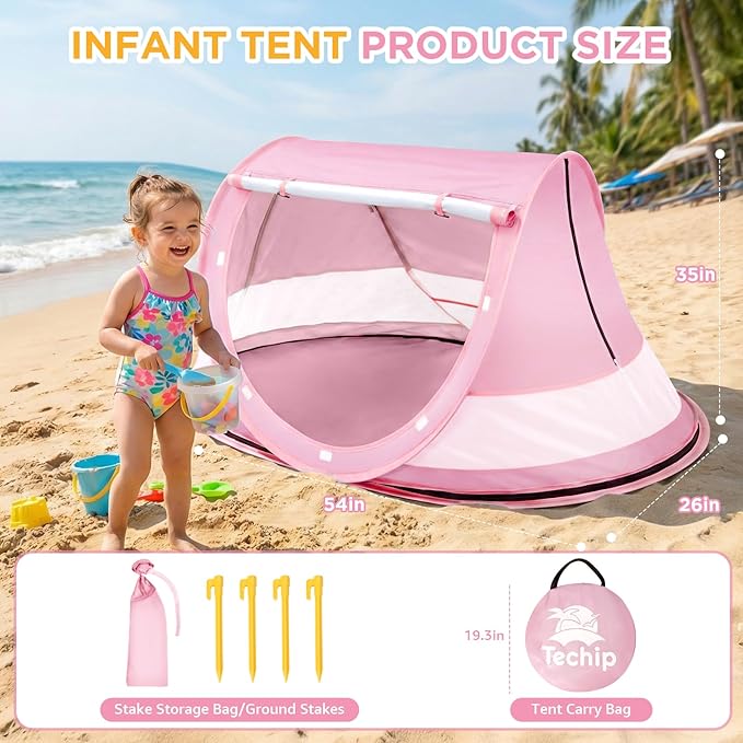 Baby Beach Tent, Pop Up Beach Tent Sun Shade for Beach, UPF 50+ UV Protection Sun Shelters for Infants with Carry Bag for Outdoor Travel, Camping(Pink)