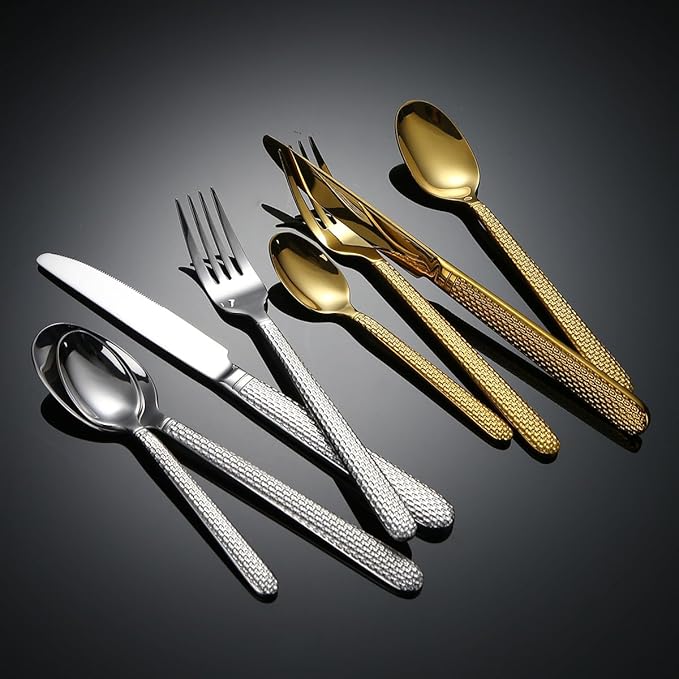 Silverware Flatware Cutlery Set， 4/16/24/32/40/48 Pieces Thick Linen Pattern Stainless Steel Cutlery， Hotel Restaurant， Home Steak Knife， Dessert Spoon，Gold-40 Pieces for 10