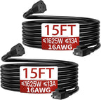 16/3 Indoor Extension Cord 15 FT 2 Pack, Black Extension Cord Flexible & Durable, 3 Prong Power Cable, Suitable for Home and Office, 13 Amp 1625 Watt 125VAC 16AWG, ETL Listed
