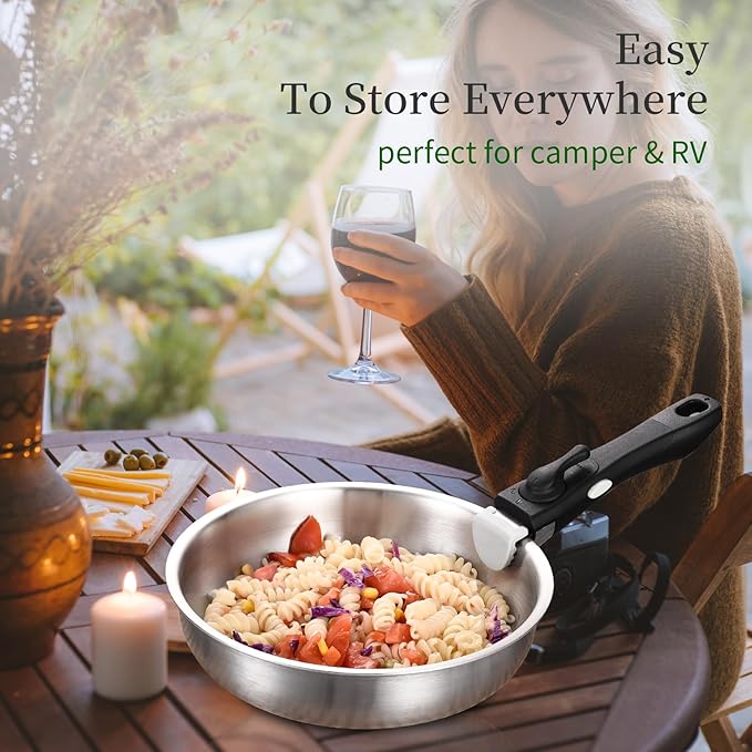 Inqibee Tri-Ply Stainless Steel Cookware Set with Removable Handle, Detachable Handle 8.5-11 Inch Frying Pan Set, Induction Kitchen Cooking Set for Home & RV Cooking, Dishwasher and Oven Safe