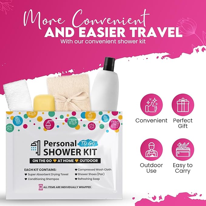 Compact Personal Shower Kit To-Go (Multi-Color) – Your Hygiene Companion for Travel, Gym, Camping | Shower on the Go | Shampoo, Soap, Towel. All in One (100)