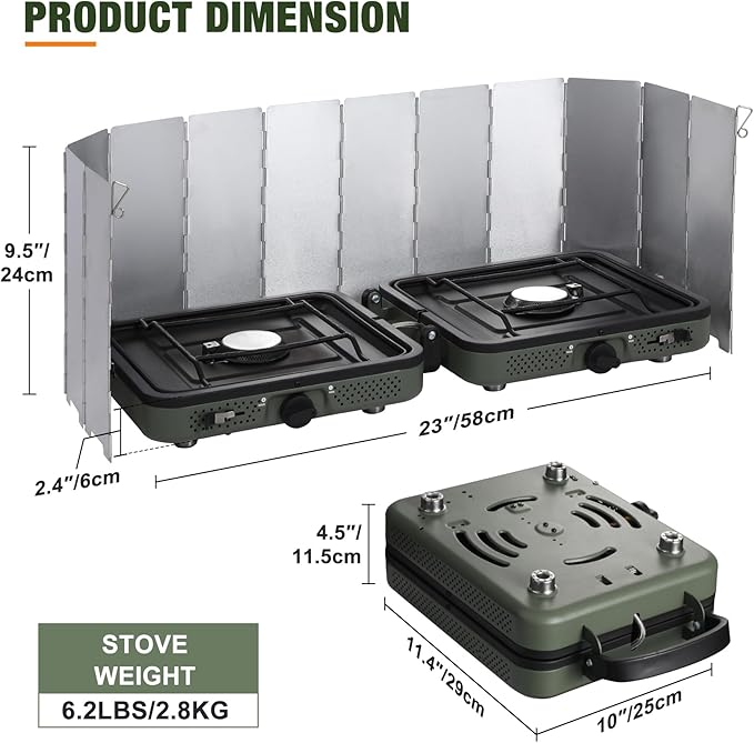 2 Burner Camping Stove with Windscreen, Portable Folding Gas Stove with 17200 BTU Adjustable Burners,12 Plates Foldable Aluminum Camping Stove Windshield, Suitable for Propane & Butane