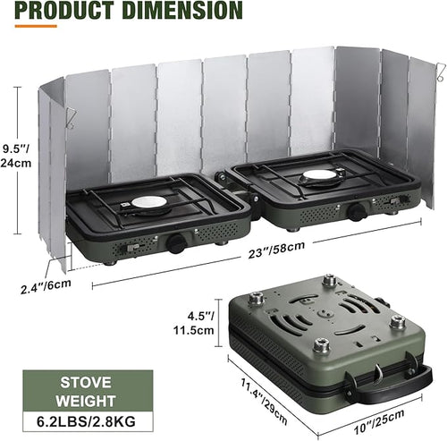 2 Burner Camping Stove with Windscreen, Portable Folding Gas Stove with 17200 BTU Adjustable Burners,12 Plates Foldable Aluminum Camping Stove Windshield, Suitable for Propane & Butane