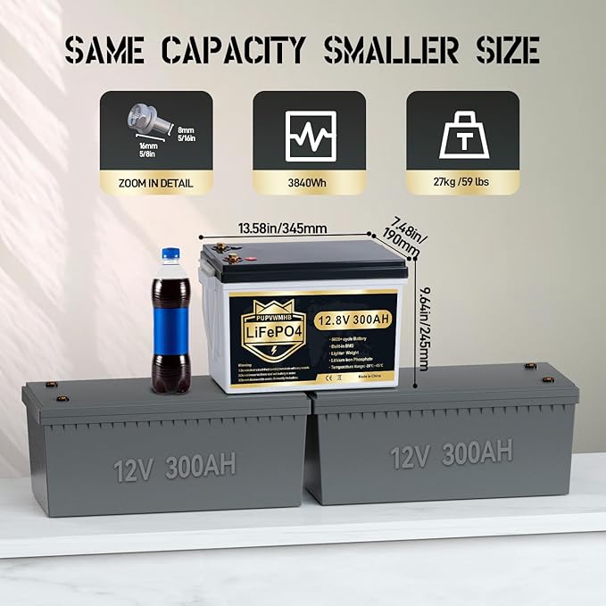 12V 300Ah LiFePO4 Lithium Battery, Bluetooth LifePO4 Battery, Upgraded 200A BMS, 3840Wh Rechargeable Lithium Battery with Low Temp Cut off, Perfect for RV Solar Marine Solar Panel Camping