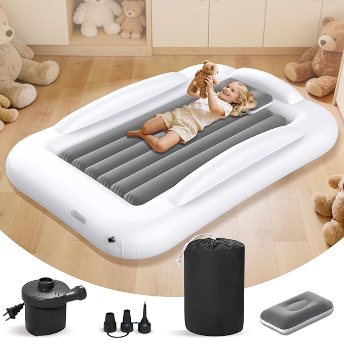 Inflatable Kids Travel Bed - Portable Comfortable Air Mattress with 3 Sides Safety Bumpers - Blow Up Bed for Camping & Travel (53 Inches)