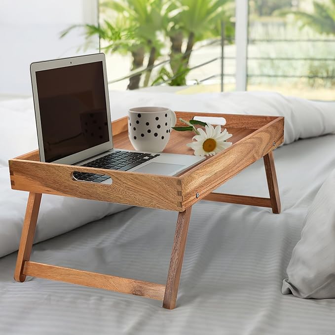 Extra Large Folding Bed Tray Table, 22’’ x 14’’ Acacia Wood Breakfast Tray, Food Serving Tray with Legs for Eating in Bed