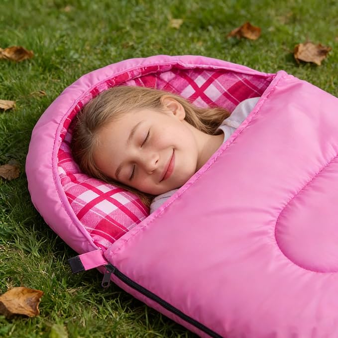 Uniqwamer Kids Sleeping Bag for Girls Boys - 4 Seasons Cold & Warm Weather Flannel Camping Sleeping Bags, Lightweight & Waterproof 45°F Sleeping Bag for Camping Hiking Outdoor Travel