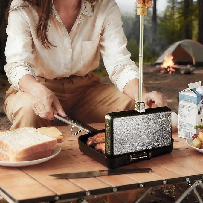Double Pie Irons Sandwich Maker, Non-Stick Pie Irons for Camping with Removable Handles, Portable Mountain Pie Maker Cast Iron, Sandwich Press for Camping