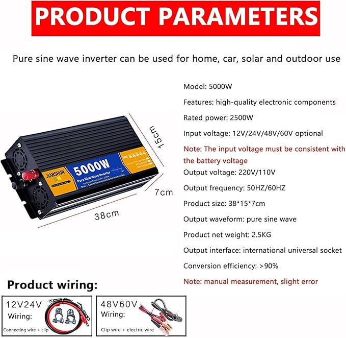 Pure Sine Wave Inverter 3000W 4000W 5000W Peak 12V 24V 48V 60V 72V DC to 110V 220V 230V 240V AC Power Solar Inverter Converter, for Off-Grid, RV, Truck, Boat, Camping, and Home(5000W,60Vto110V)