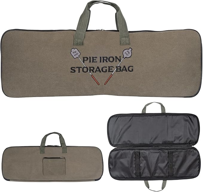 Deluxe Pie Iron Bag for Mountain Pie Maker Cast Iron Storage Fits up to 4, Heavy Duty Padding with Extra Pocket for Campfire Accessories, Strong Straps to Secure, Camping Storage Bag 32×12in