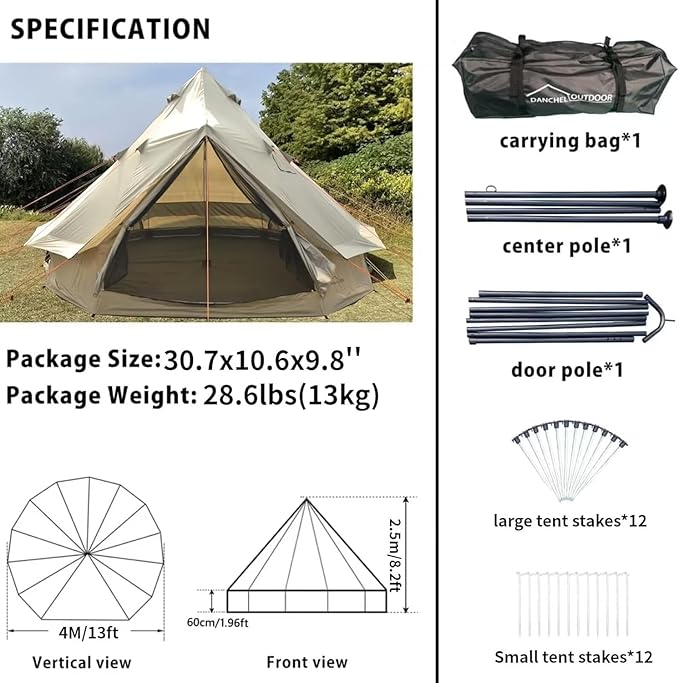 DANCHEL OUTDOOR B2 Portable Yurt with Stove Jack for Winter Camping, 4 Season Bell Tent Large Hot Tent 4/6 Person Family Camping Glamping Party 300D Oxford Khaki, 13ft/16.4ft