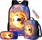 Football School Backpack Set for Children Boys 4 in 1 Football Backpack with Insulated Lunchbox for Kindergarten Elementary Middle Large Capacity Travel Rucksack with Adjustable Strap