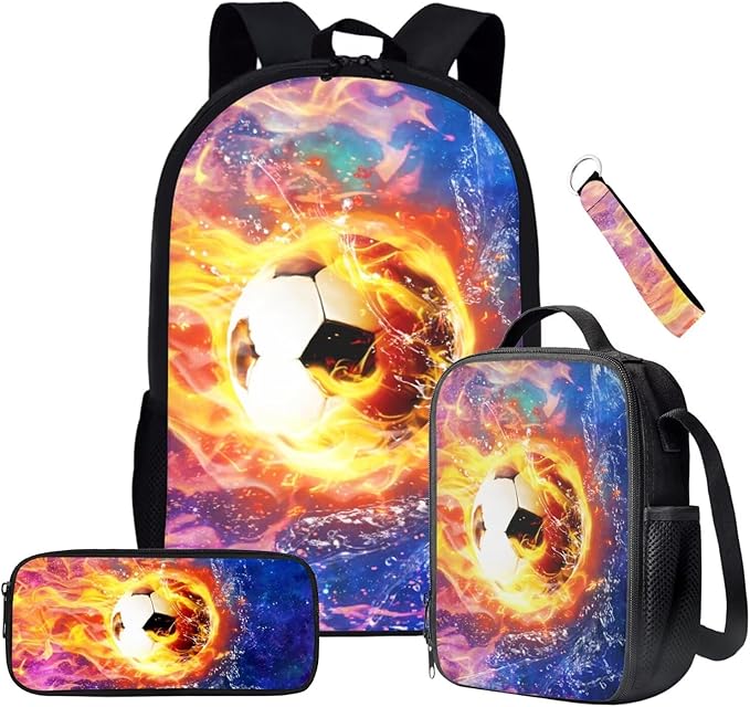 Football School Backpack Set for Children Boys 4 in 1 Football Backpack with Insulated Lunchbox for Kindergarten Elementary Middle Large Capacity Travel Rucksack with Adjustable Strap