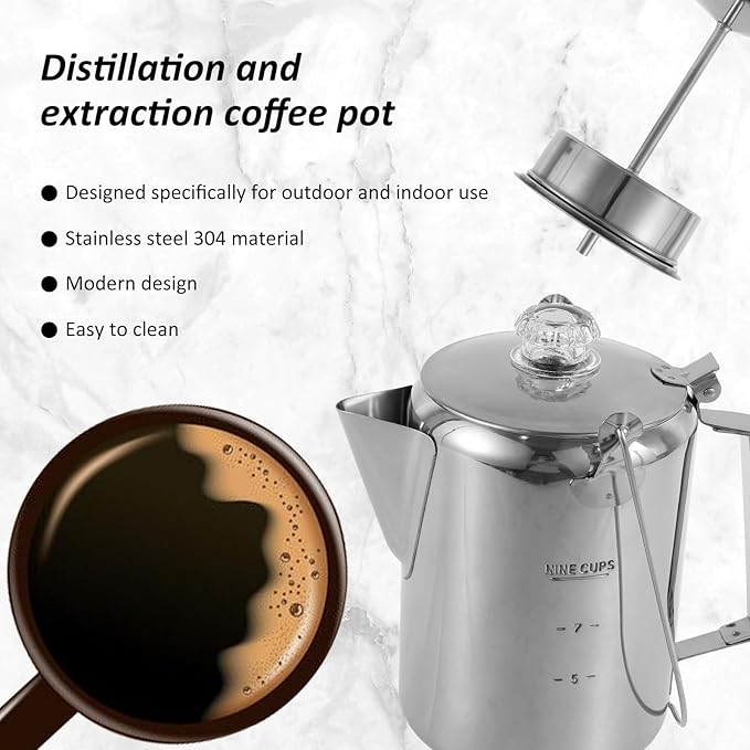 Percolator Coffee Pot Stainless Steel Coffee Percolator w Clear Top Glass Knob, Outdoor Stovetop Camping Coffee Maker, Coffee Pot for Stovetop Coffee Making Traveling Fast Brew 9 Cups
