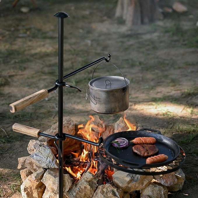 Fire Pit Slot Grill, Adjustable Swivel Campfire Grill Heavy Duty BBQ Steel Grate, HZGAMER Campfire Cooking Equipment Camping Grill for Outdoor Barbecue Over Open Fire