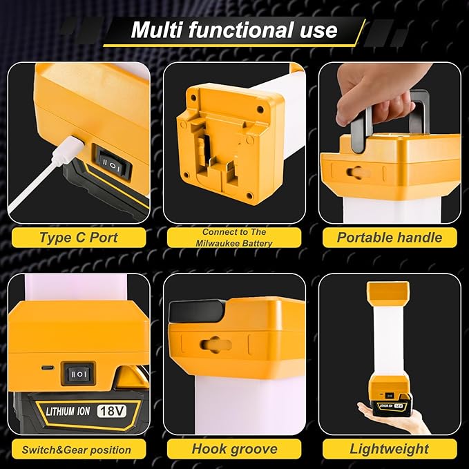 2900LM LED Work Light for Dewalt 20V MAX Battery, 360° Portable Camping Light with USB-C 20W Fast Charging, Dual Brightness, Low-Voltage Protection, Emergency Lantern(Battery Not Included)