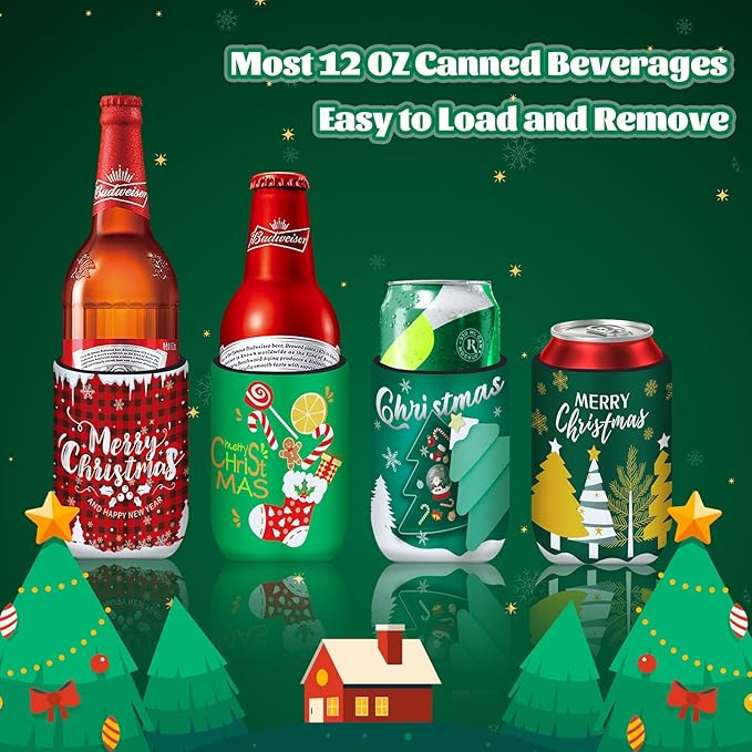 18 Pack Christmas Can Cooler Sleeves Beer Drink Can Bottle Cooler Sleeves Cooler Collapsible for Christmas Holiday Party Decorations Supplies Favors