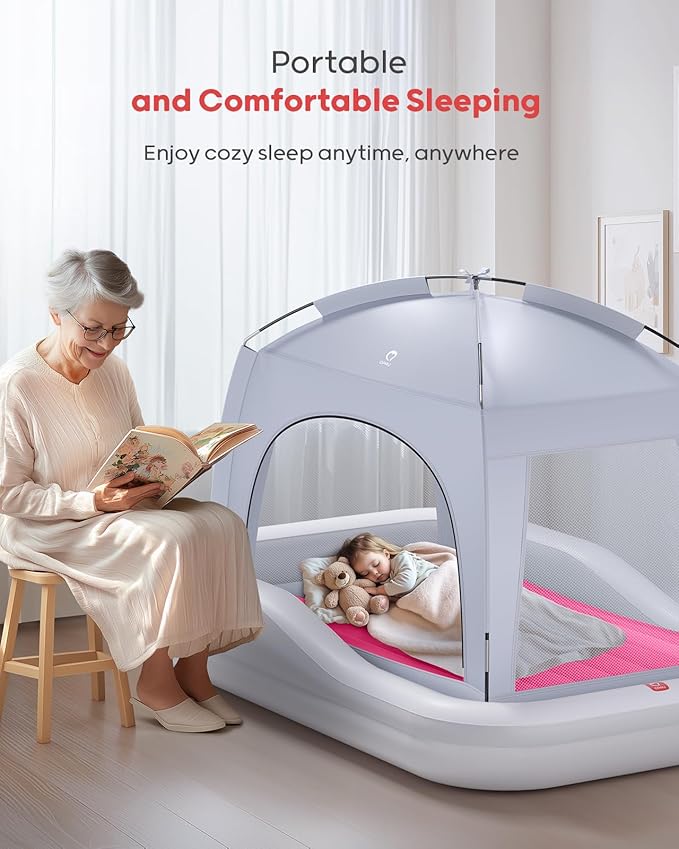 QPAU Inflatable Toddler Travel Bed with Tent, Portable Kids Air Mattress with Safety Sides, Ideal for Home, Grandma's, Camping, Traveling -Includes Fast Electric Pump