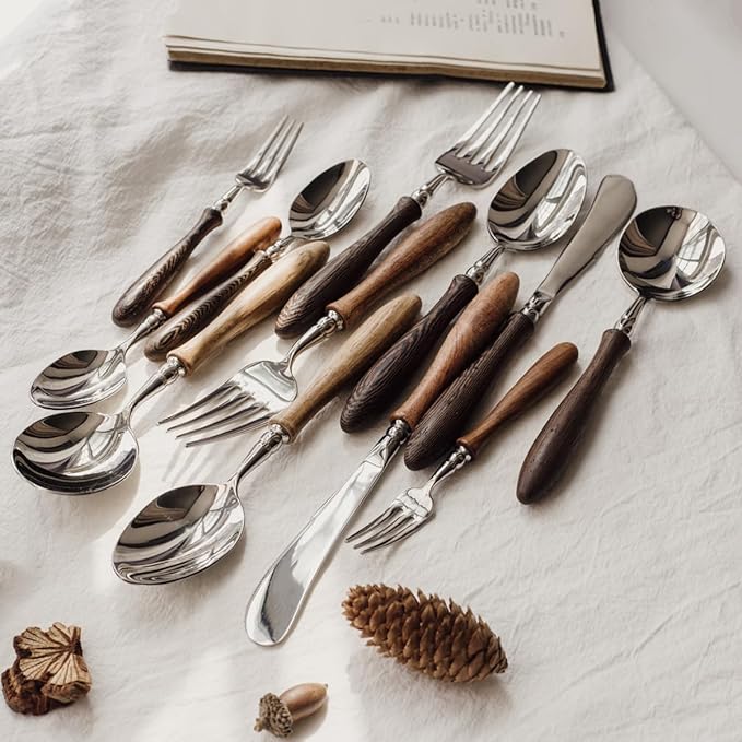 70 Piece Silverware Set Service for 14,Premium Wooden Handle 18 8 Stainless Steel Flatware Set Home Include Fork Knife Spoon Set Gift Package for Christmas and Thanksgiving（Dark Brown)