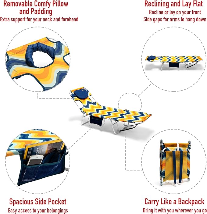SUNNYFEEL Beach Lounge Chair, Backpack Reclining Beach Chairs Lay Flat, Sun Face Down Tanning Chair, Folding Camping Chairs Portable Camp Cot with Backpack Straps for Outdoor/Picnic/Lawn