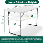 Folding Table 4ft - Heavy Duty Fold-in-Half Plastic Table with Adjustable Height, Portable Utility Tables with Steel Legs for Indoor, Outdoor, Picnic, Camping, Dining, Party (White)