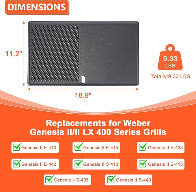 QuliMetal Reversible Griddle Replacement Parts for Weber Genesis II/II LX 400 Series, E410, E415, E435, LX E-440 - 1 Pack