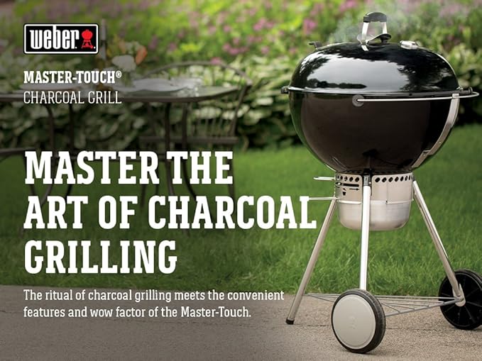 Weber Master-Touch Charcoal Grill, 22-Inch, Black – Premium Outdoor BBQ Grill with Tuck-Away Lid Holder & One‑Touch™ Cleaning System, Porcelain‑Enameled Kettle