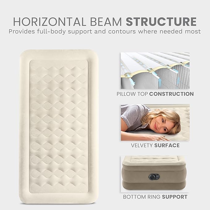 Intex Dura-Beam Deluxe Ultra Plush Air Mattress : Fiber-Tech – Built-in Electric Pump – 18in Bed Height – 300lb Weight Capacity – Twin Size