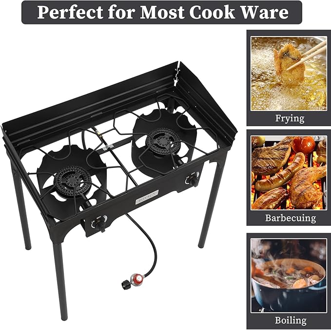Bonnlo 2-Burner Outdoor Portable Propane Burner Stove 150,000-BTU Gas Cooker with Windscreen & Carrying Bag, Heavy Duty Iron Cast Patio Burner with Detachable Stand Legs for Camp Cooking