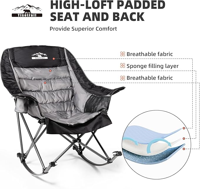 Oversized Rocking Camping Chairs Set of 2, Fully Padded Camp Chairs for Adults with Side Pocket and Cup Holder, Heavy-Duty 400lbs Capacity, Black & Gray