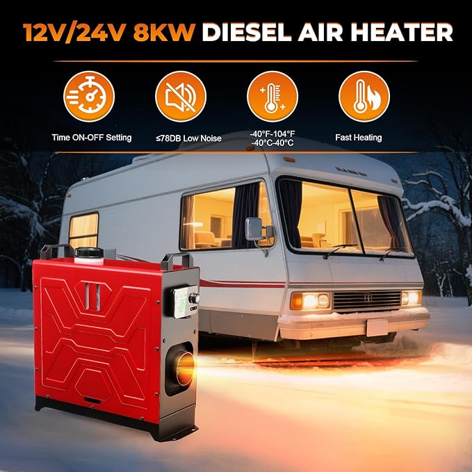 Diesel Heater 12V/24V/110V 8KW APP Remote Control Parking Air Heaters All in One Fast Heating with Muffle Silencer for Campers RV Truck Boat Bus Car Trailer Garage Home Tent