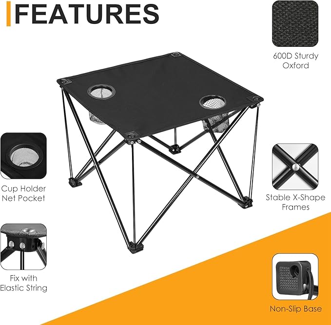 Portable Camping Table, Ultralight Picnic Table Foldable with 2 Cup Holders and Carrying Bag for Outdoor Camping Picnic BBQ Beach Party Patio Fishing, Steel Frame, High-Grade 600D Oxford Fabric 2