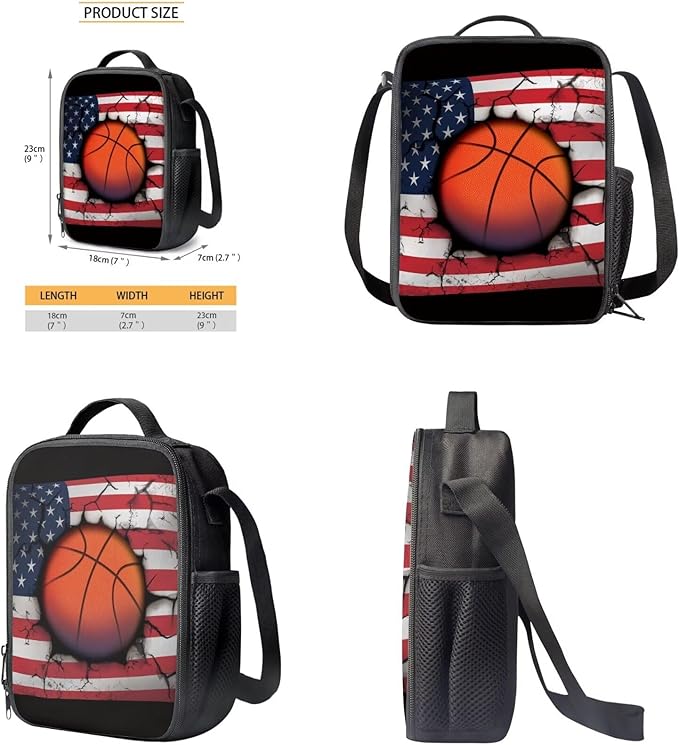 Rnyleeg Basketball Backpack for Kids with Lunchbox American Flag Boys Backpack Set Large Capacity Bookbag Set of 3 for Primary School Back to School Supplies Set