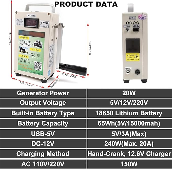 Hand Crank Generator w/Outlets U Type Hand Powered Generator, Portable Emergency Electric Camping Outdoor Home Use Lightweight Manual Generator,110V