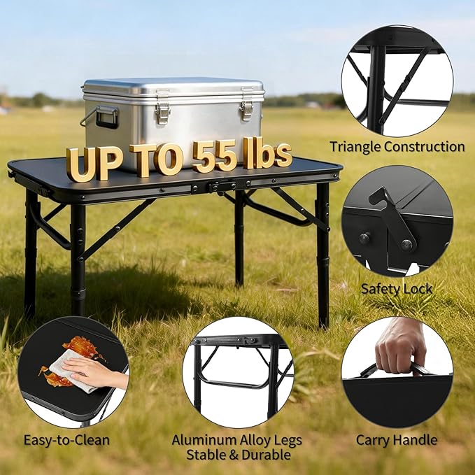 2FT Small Camping Portable Table, Black Aluminum Frame, Adjustable Height up to 21", Lightweight Carry Handle, Portable for Travel, Camping Outdoor Use