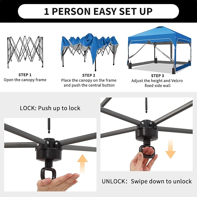 GDY 8x8FT Outdoor Pop Up Canopy Tent with One Push Setup, Easy Setup Gazebo with 4 PVC Transparent Sidewalls for Patio, Parties, Camping, Blue.