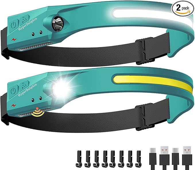Headlamp Rechargeable LED (2-Pack, Green) 230° Wide Beam, USB-C Lightweight Head Lamp, Long Runtime, Water-Resistant for Camping, Hiking, Running, Fishing, Repair Work