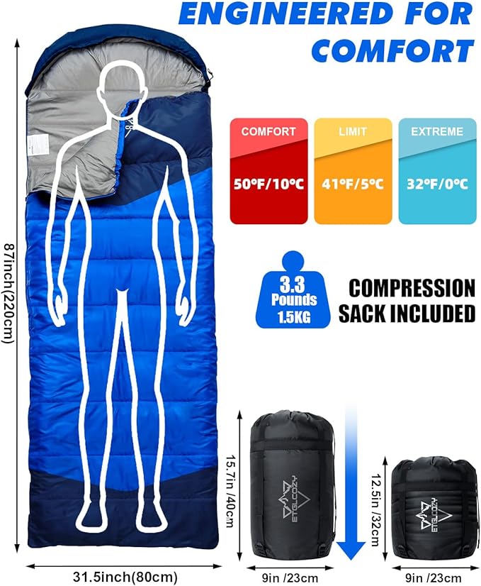 Single Sleeping Bag for Adults Kids 3-Season, Lightweight Waterproof Ripstop, Dual Zipper Bottom Vent, Compression Sack, Portable Camping Hiking Backpacking Gear