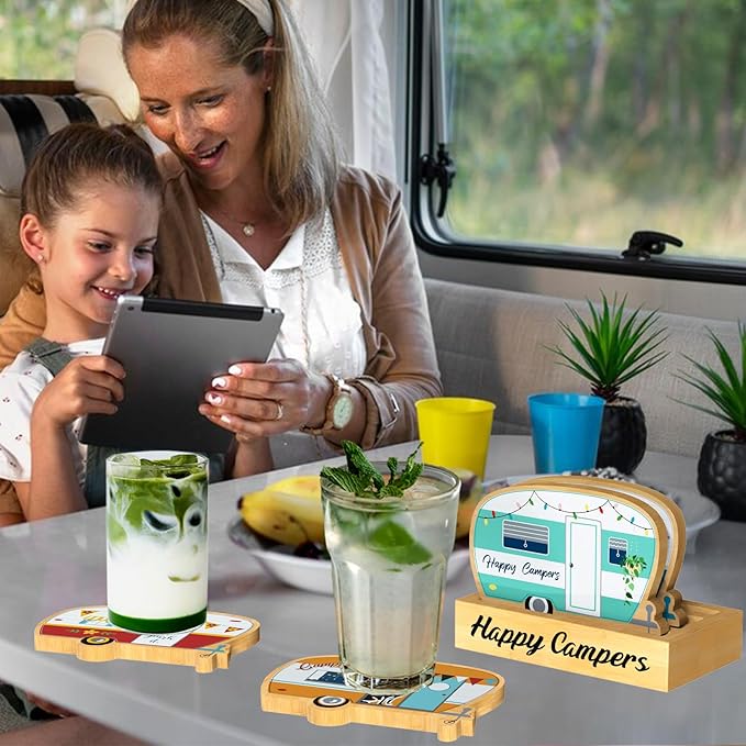 4Pcs RV Camper Coasters Set, Camper Decor, Bamboo Coasters Set Suitable for Kinds of Cups, Modern Style Coasters for Coffee Table, Camping Gifts for Camper Lovers Women Men