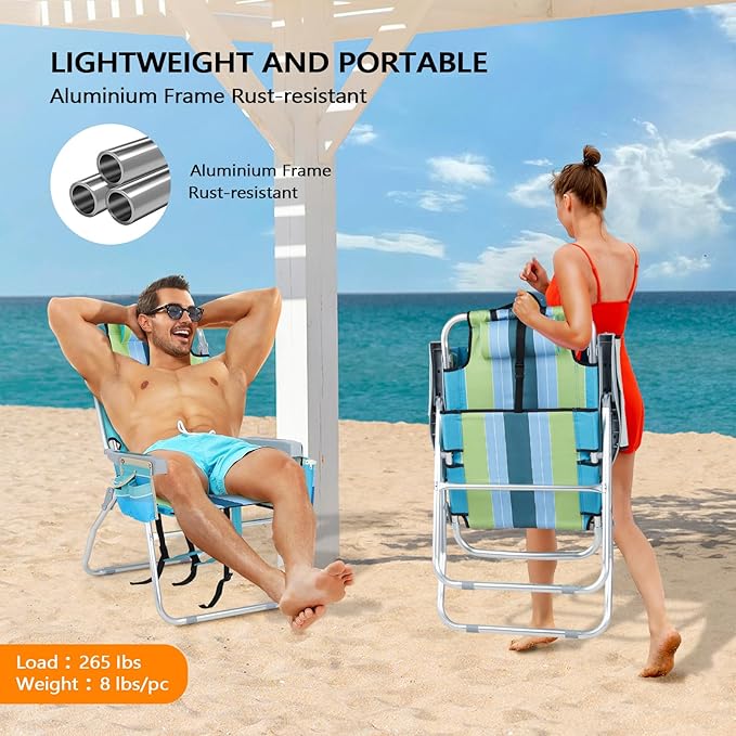 VINGLI Tall Beach Chair 2 Pack Lightweight, Backpack Beach Chair for Adults with 5-Position, Cooler Bag, Cup Holders, Towel Bar, Lightweight Folding Beach Camping Chairs （Blue/Green-16