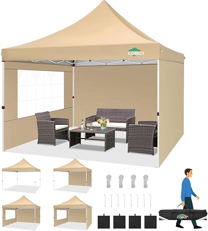COBIZI Canopy 10x10 Pop Up Canopy Tent with 3 Sidewalls, Commercial Party Tent Ez Waterproof Outdoor Instant Gazebo UV 50+ Event Shelter, Garden Tents for Parties Camping with Sandbags，Khaki