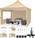 COBIZI Canopy 10x10 Pop Up Canopy Tent with 3 Sidewalls, Commercial Party Tent Ez Waterproof Outdoor Instant Gazebo UV 50+ Event Shelter, Garden Tents for Parties Camping with Sandbags，Khaki