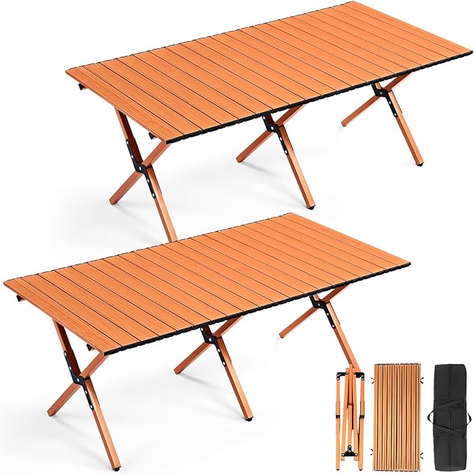 Suzile 2 Pack Foldable Camping Table 4ft Portable Lightweight Picnic Table Collapsible Roll up Metal Camp with Carry Bag for Camping, Picnic, Patio, Outdoor Party(Nut Brown)