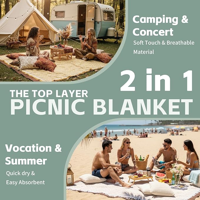 2 in 1 Extra Large Boho Beach Blanket Towel Sand Free Outdoor Picnic Mat Giant Oversized Xl Big Jumbo Huge Turkish Woven Throw Cloud Summer Vacation Essential Travel Must Have Accessories Women Gift
